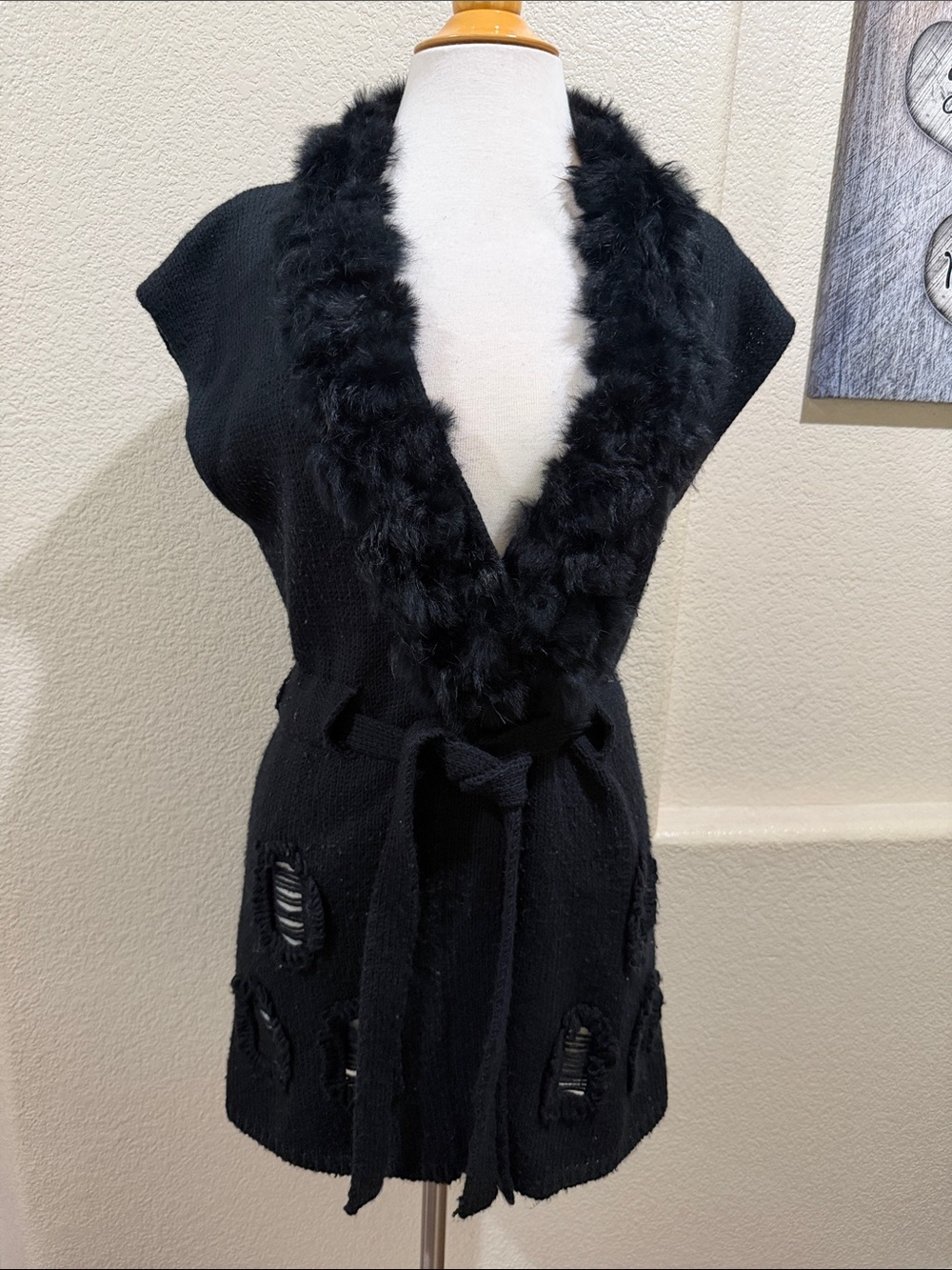 Love Token Black Faux Fur Trim Sleeveless Belted Vest